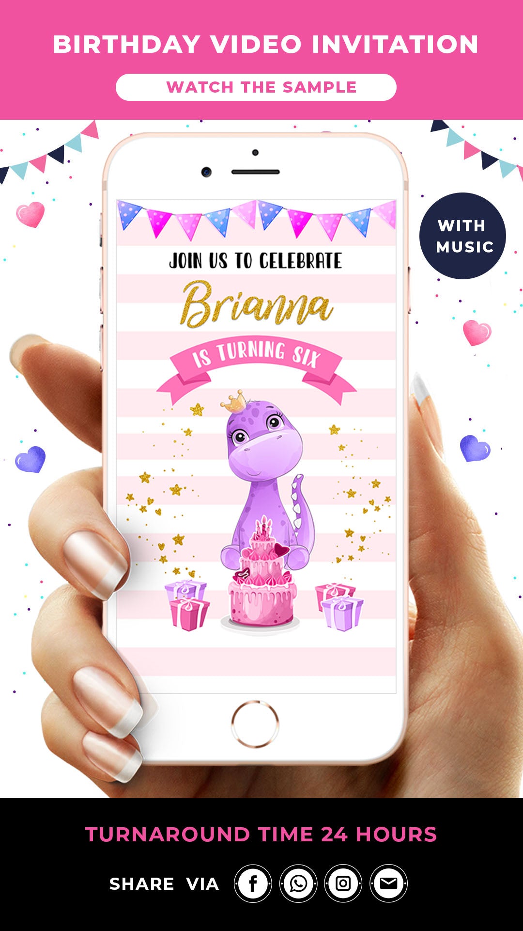 Pink Dinosaur Birthday Video Invitation