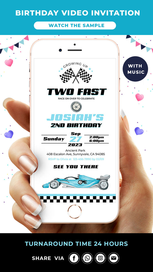 Two Fast Birthday Video Invitation Blue