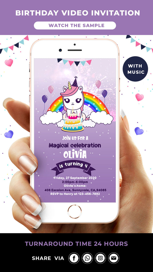 Cute Unicorn Birthday Video Invitation