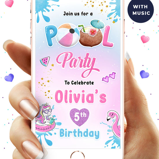 Unicorn Pool Party Digital Birthday Video Invitation