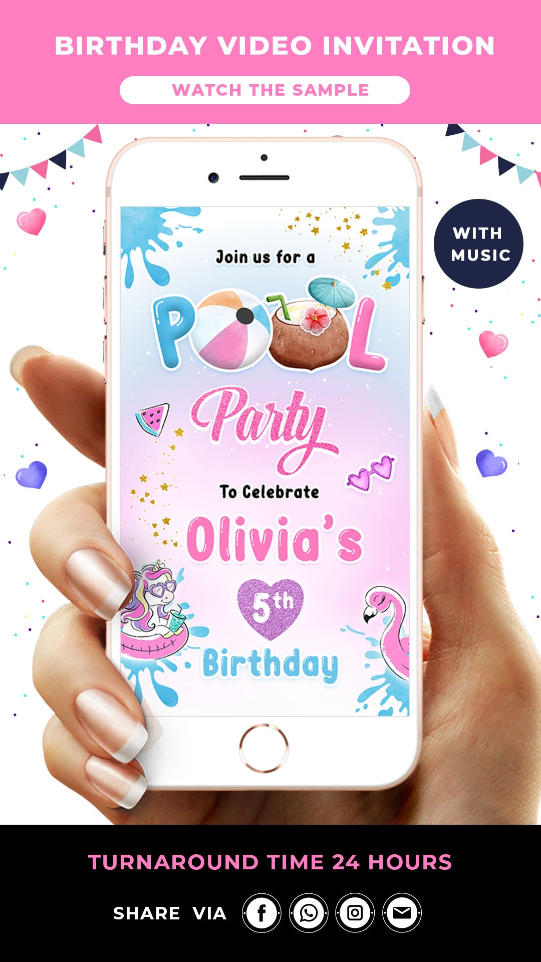 Unicorn Pool Party Digital Birthday Video Invitation