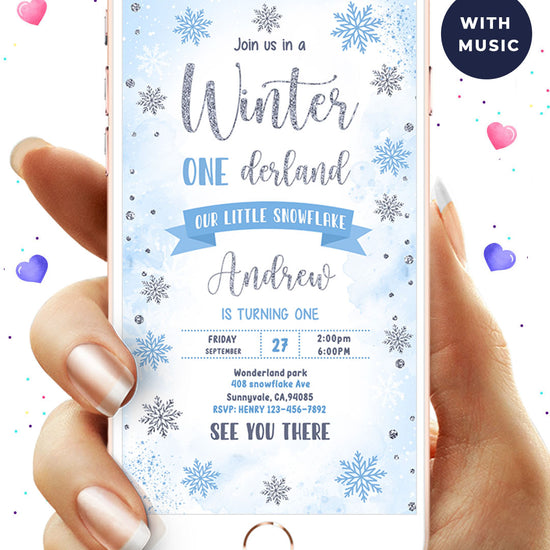 Blue Winter Onederland Birthday Video Invitation