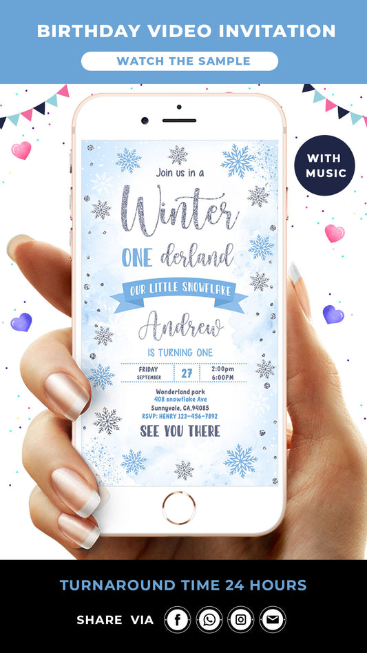 Blue Winter Onederland Birthday Video Invitation