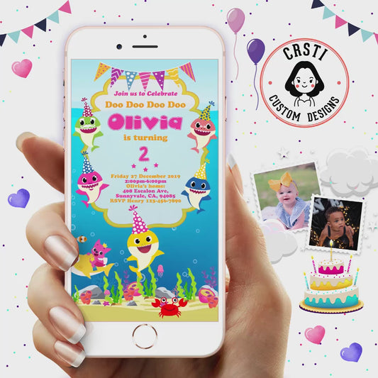 Baby Shark Theme Digital Video Birthday Invitation for Girls