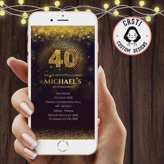 Magical 40th Birthday Digital Video Invitation Black and Gold Theme