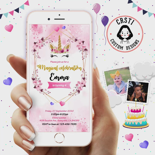 Magical Celebration: Unicorn Glitter Birthday Digital Video Invitation!